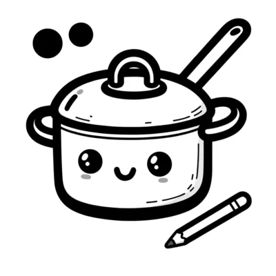 An illustrated kawaii-style saucepan with a face and pencil.