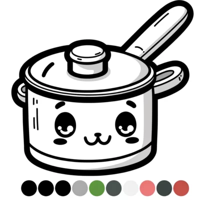 An illustration of a cute, anthropomorphic saucepan with a smiling face.