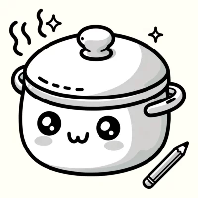 An illustration of an anthropomorphic pot with a cute face, accompanied by a pencil.