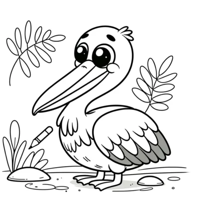 A black and white illustration of a cartoon pelican standing among foliage and pebbles.