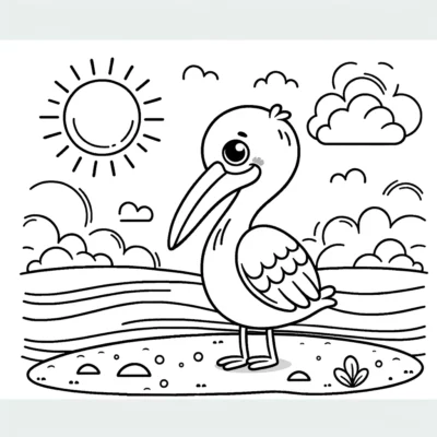 A line drawing of a pelican standing on a beach with the sun and clouds in the background.