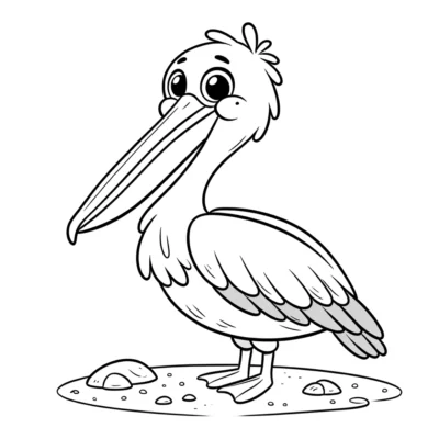 A black and white drawing of a cartoon pelican standing on one leg with a bemused expression.