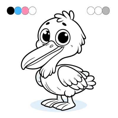 Black and white cartoon illustration of a pelican with a color guide above.