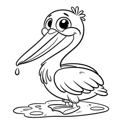 A line drawing of a cartoon pelican standing in a puddle with a drop of water falling from its beak.