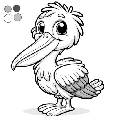 Cartoon-Illustration eines fröhlichen Pelikans mit großen ausdrucksstarken Augen.