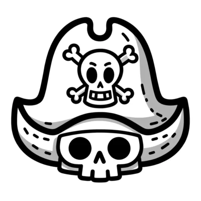Un sombrero pirata con calavera y tibias cruzadas sobre un fondo blanco.