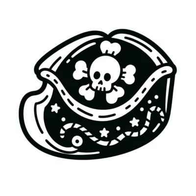 A black and white illustration of a pirate hat.