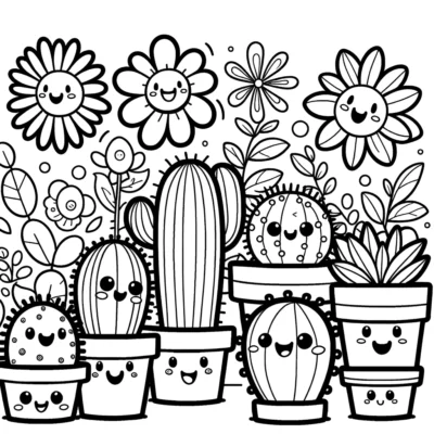 A black and white illustration of assorted smiling cacti and flowers in pots with cheerful faces.