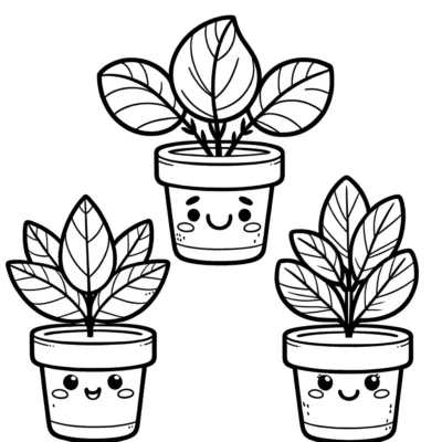 Drei lächelnde Topfpflanzen im Cartoon-Stil.