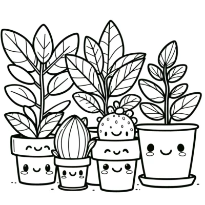 A black and white illustration of various smiling potted plants.