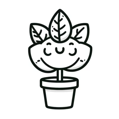 A smiling cartoon plant in a pot with leafy details.