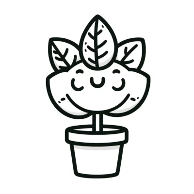 Una planta de dibujos animados sonriente en una maceta con detalles frondosos.