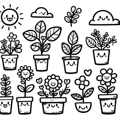 Eine Sammlung skurriler Topfpflanzen mit Linienzeichnung und fröhlicher Sonnen- und Wolkenfiguren mit lächelnden Gesichtern.