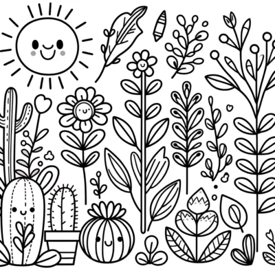Schwarz-weiße Illustration verschiedener Pflanzen und einer lächelnden Sonne im Doodle-Stil.