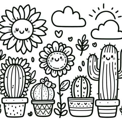 A black and white illustration featuring a smiling sunflower, cacti in pots, and a cheerful sun among clouds and decorative elements.