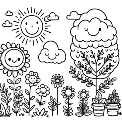 Un alegre dibujo lineal en blanco y negro de un sol, nubes, flores y un árbol con caras felices.