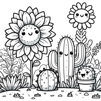 Una ilustración en blanco y negro de plantas personificadas, incluidos girasoles y cactus, con caras sonrientes.