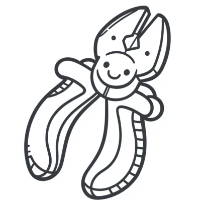 Line drawing of a smiling cartoon banana peeled halfway.