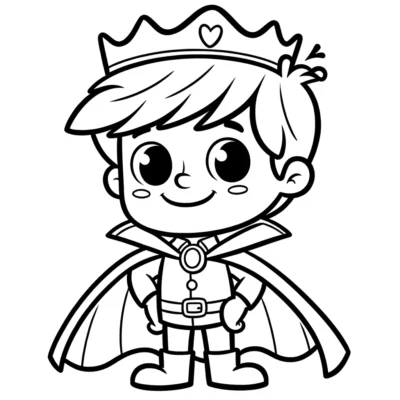 Ilustración en blanco y negro de un príncipe de dibujos animados sonriente con corona y capa.