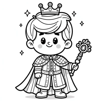 A black and white illustration of a young prince with a crown and scepter.