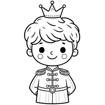 Ilustración en blanco y negro de un niño sonriente con una corona y atuendo real.