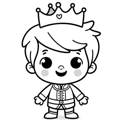 Line drawing of a cartoon prince smiling.
