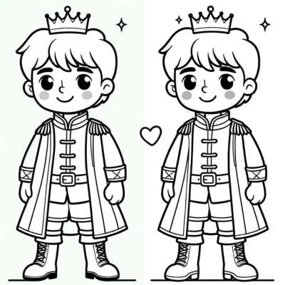 Two identical line drawings of a cartoon prince, one with color and one in black and white.