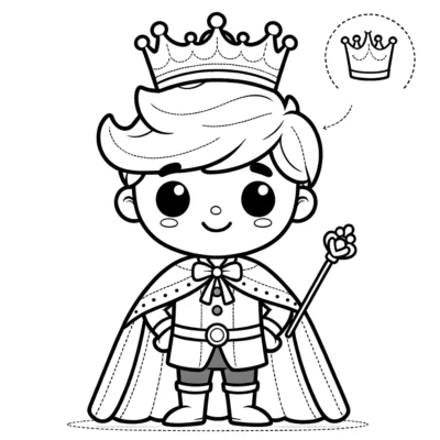 Ilustración de un joven príncipe de dibujos animados con una corona y un cetro, delineado para colorear.