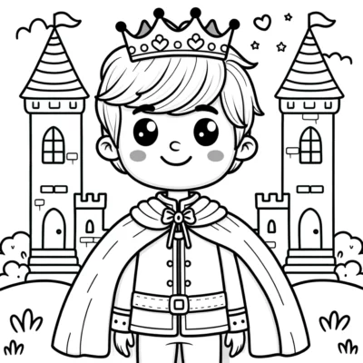 Illustration of a cartoon prince with a crown in front of a castle.