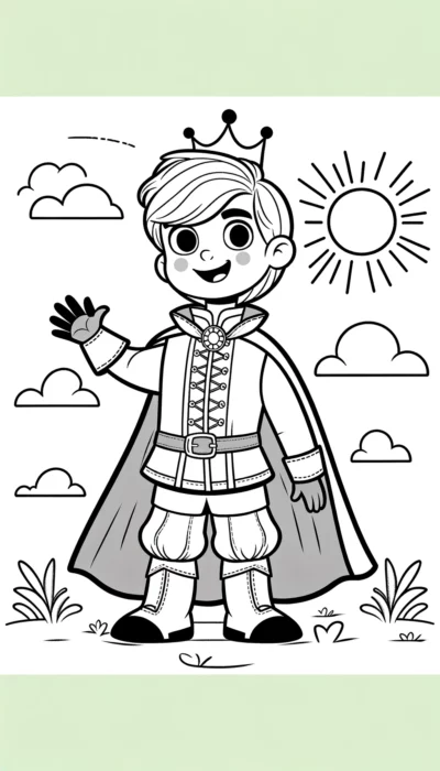 Ilustración de un príncipe de dibujos animados sonriente saludando, con una corona y atuendo real, con un cielo soleado y nubes en el fondo.
