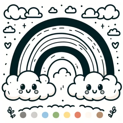 Un arcoiris kawaii y nubes con una carita sonriente.