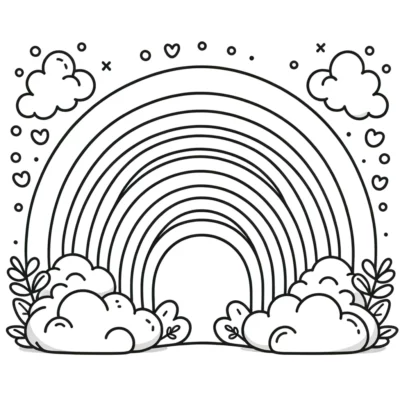 A coloring page with a rainbow and clouds.