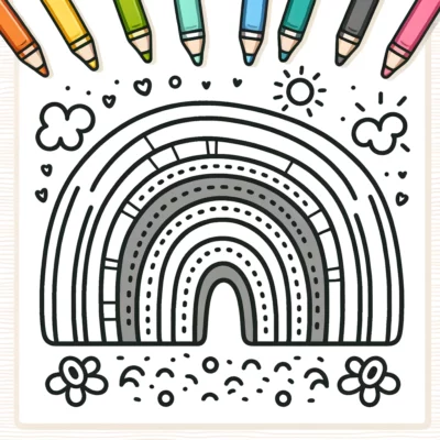 A coloring page with a rainbow and colored pencils.