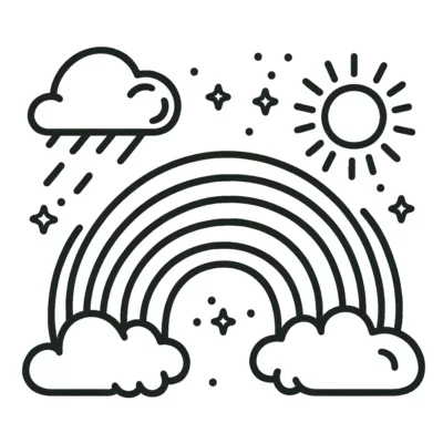 A rainbow, sun and clouds in a line illustration.