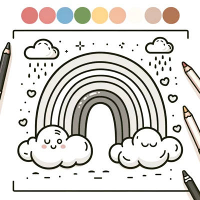 A coloring page with a rainbow and clouds.