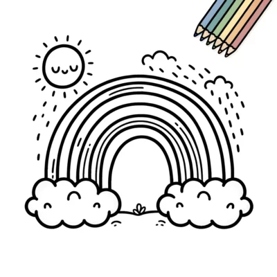 Un arco iris con nubes y sol sobre un fondo blanco.