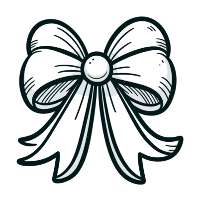 Hand-drawn illustration of a ribbon bow in monochrome.