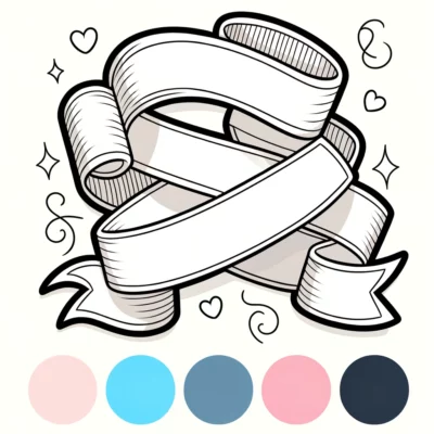 Illustration of a blank ribbon banner surrounded by decorative elements with a color palette below.