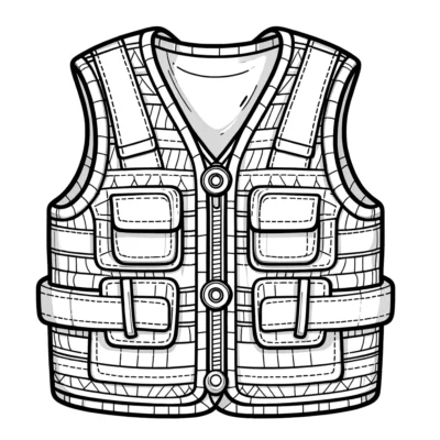 Black and white illustration of a multi-pocketed vest.