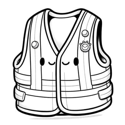 Illustration of a cartoon safety vest with a smiling face and a cute animal pin.