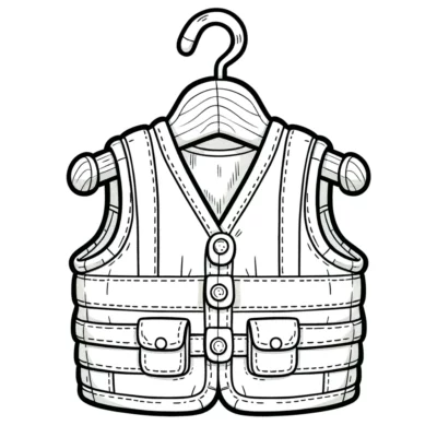 Black and white illustration of a life jacket on a hanger.
