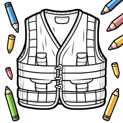 Illustration of a white sleeveless vest with pockets surrounded by colorful crayons.