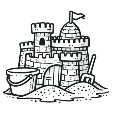 A line drawing of a detailed sandcastle with a bucket and shovel on a sandy surface.