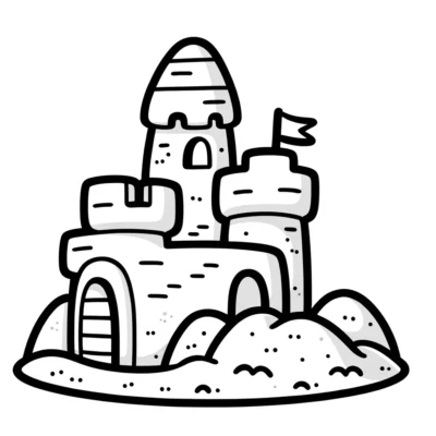 Un dibujo lineal de un simple castillo de arena con torres y una bandera.