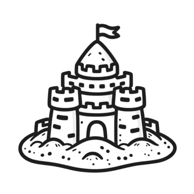 Ilustración dibujada a mano de un castillo de arena con una bandera encima.