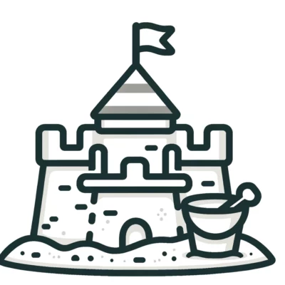 Illustration of a sandcastle with a flag on top and a bucket with a spade beside it.