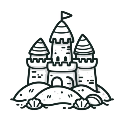 Illustration einer Sandburg mit drei Türmen und einer Flagge, umgeben von Sandhügeln und Muscheln.