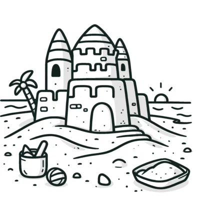 Illustration of a sandcastle on a beach with a palm tree, bucket, shovel, ball, and a hat nearby.