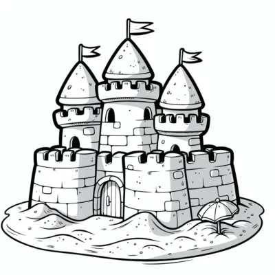 Ilustración detallada de un elaborado castillo de arena con múltiples torres y banderas.