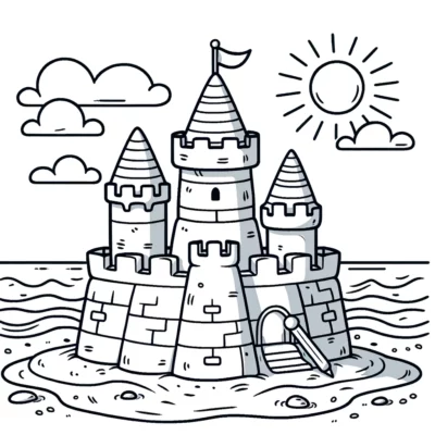 A black and white illustration of an elaborate sandcastle with multiple towers, surrounded by water under a sunny sky.